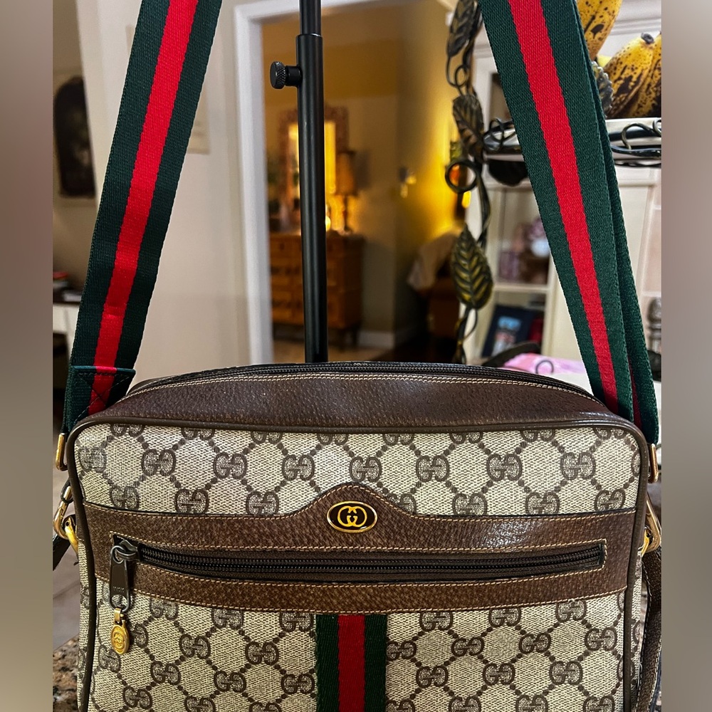Vintage Gucci Ophidia Web Stripe Brown Canvas Leather Crossbody